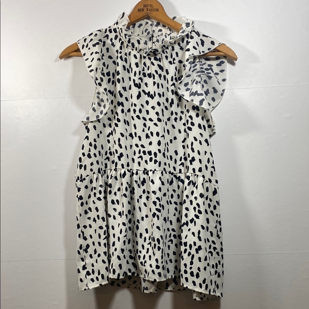 Entro Cream and Black Spotted Blouse with Ruffles and Peplum Size Small